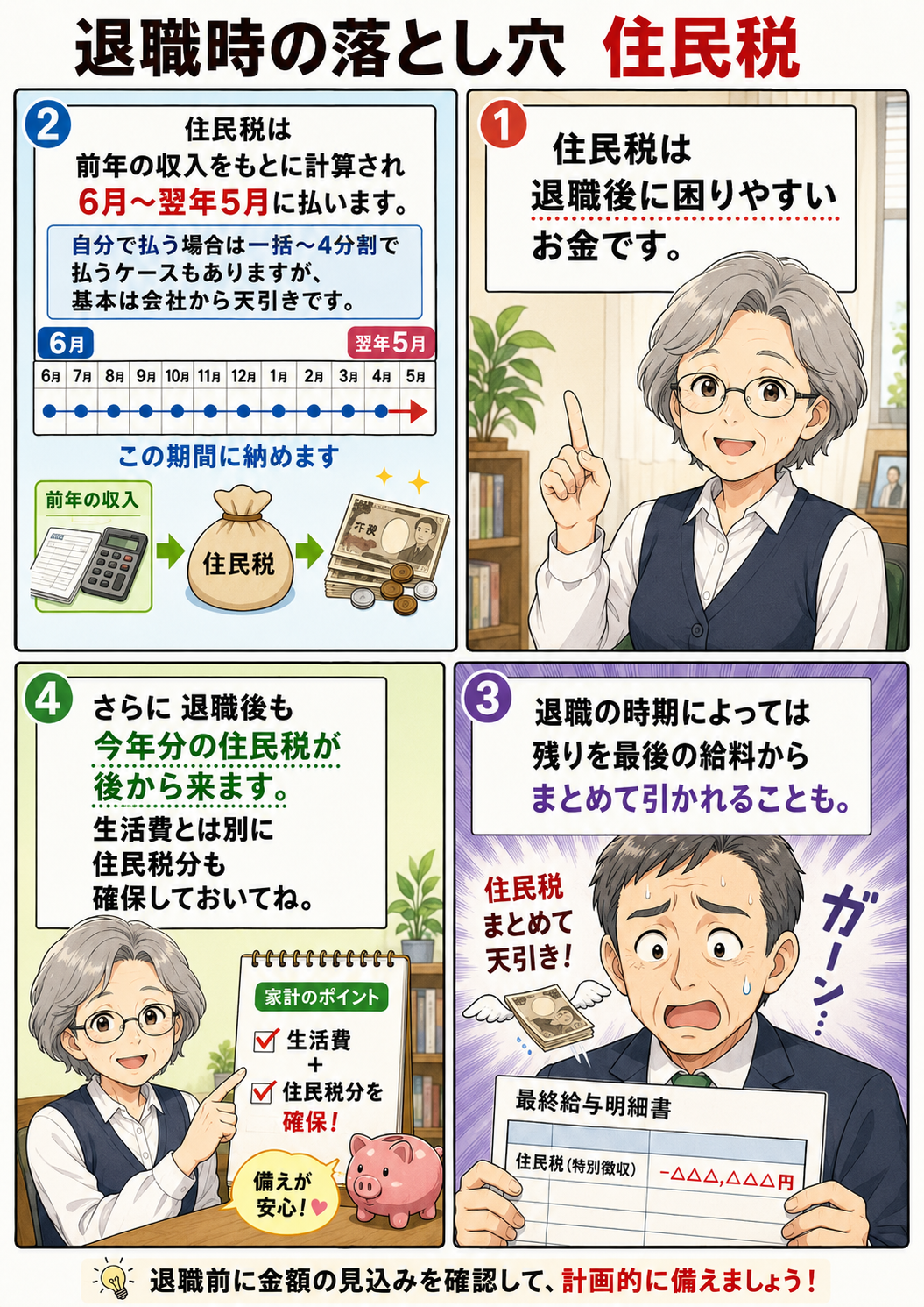 退職時の落とし穴として住民税の仕組みを説明する漫画
