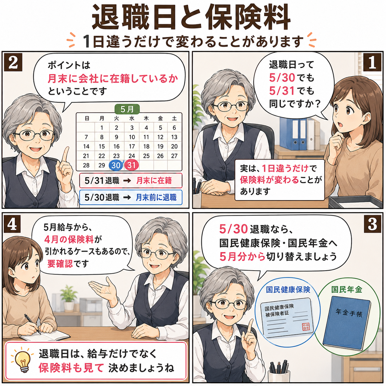 退職日と保険料。5月30日退職と5月31日退職で保険料の扱いが変わることを説明する退職ばあ様の4コマ漫画