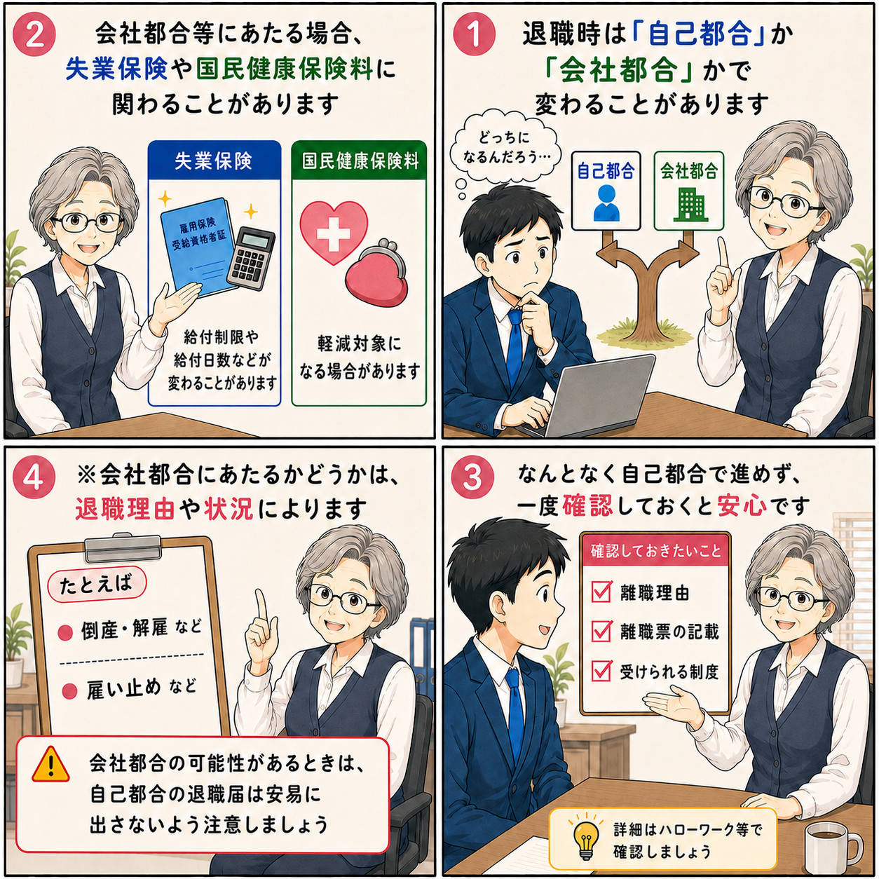 自己都合退職と会社都合退職の違いを説明する4コマ漫画